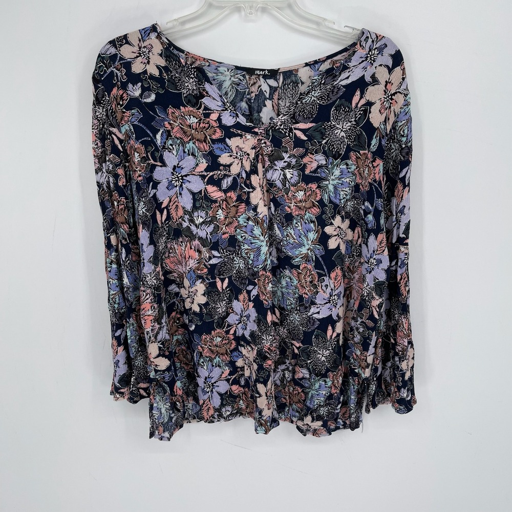 mark. Women's Navy Blue Floral Long Sleeve V-Neck Blouse Size L
